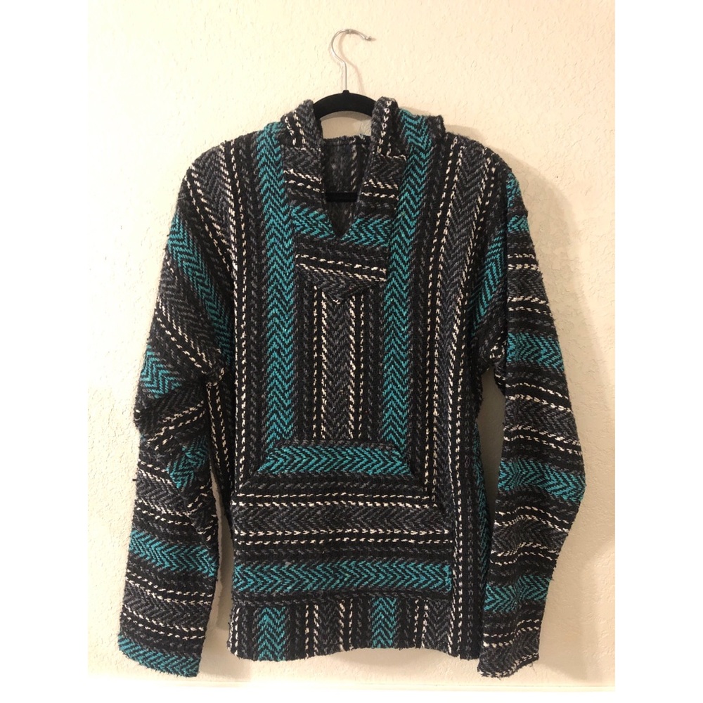 Teal/black/grey poncho with hood and pockets